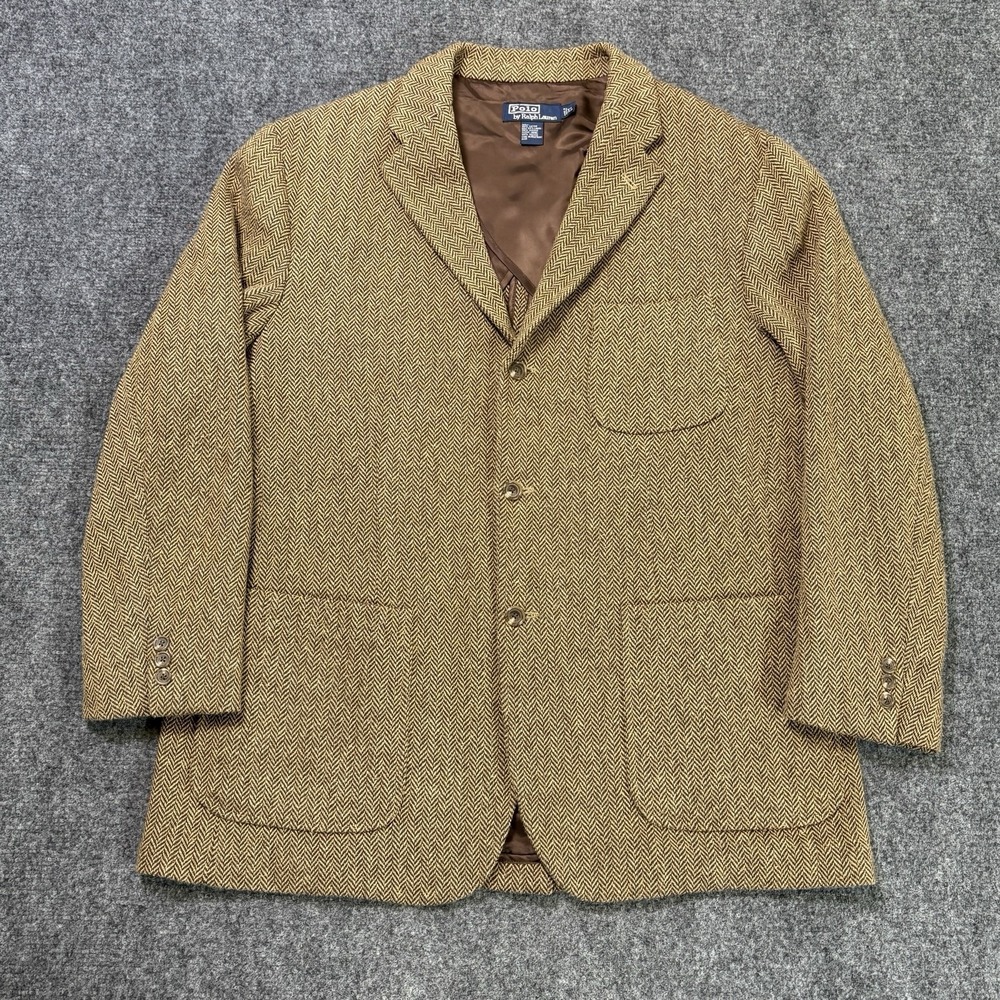 Vintage Polo Ralph Lauren Herringbone Tweed Blazer Mens XL Brown Cotton Coat